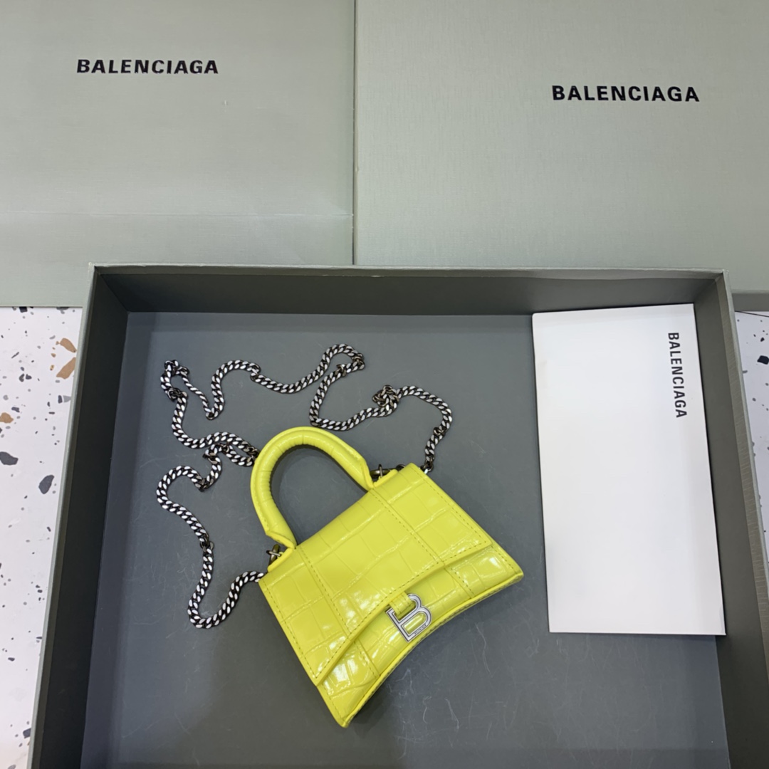 Balenciaga Hourglass Mini Handbag With Chain Crocodile Embossed Shoulder Bag Yellow